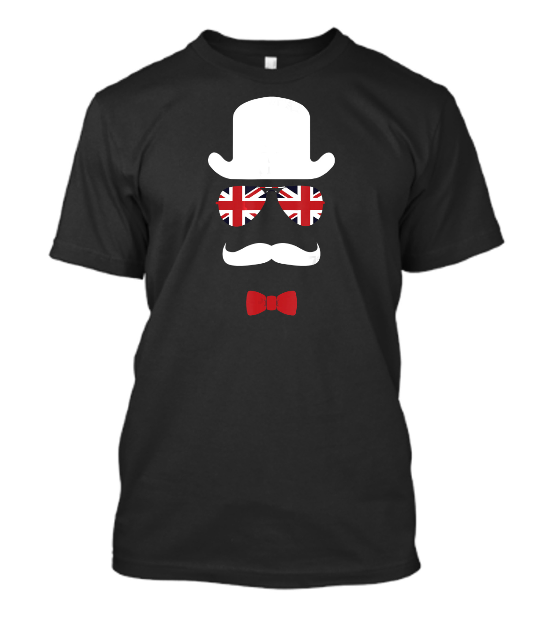 Mustache Man In Derby Hat With Union Jack Sunglasses And Red Bow Tie T-Shirt
