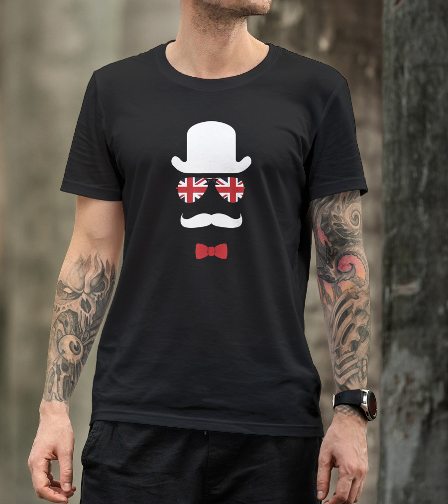 Mustache Man In Derby Hat With Union Jack Sunglasses And Red Bow Tie T-Shirt