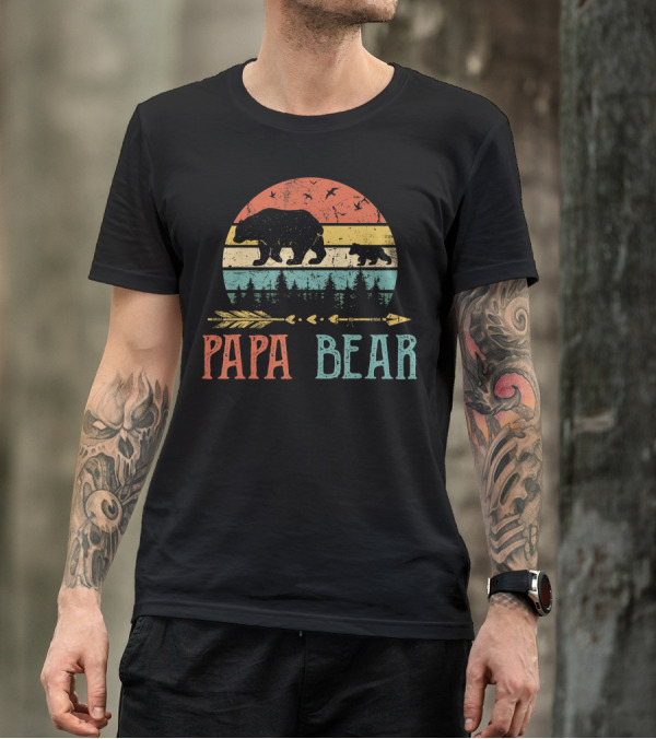 Papa Bear Vintage Daddy Wildling Retro Bear Silhouette Forest Arrow T-Shirt