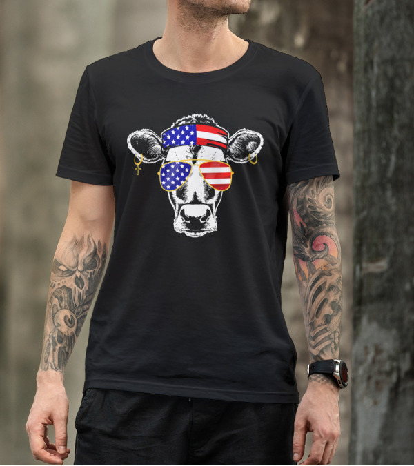 Cow Wearing American Flag Bandana And Sunglasses T-Shirt