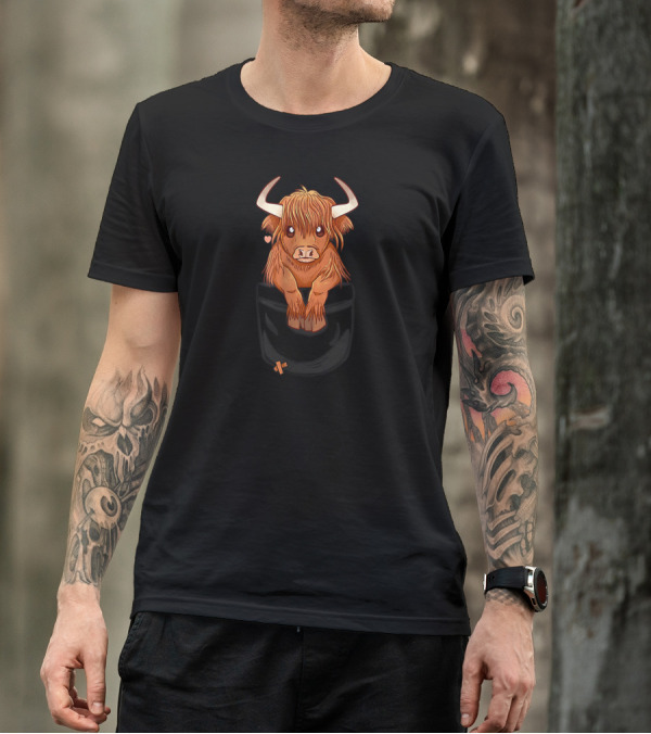 Pocket Cute Scottish Highland Cow Heart Charm T-Shirt