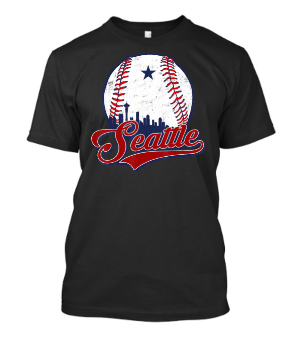 Seattle Baseball Skyline With Iconic Space Needle And Star T-Shirt