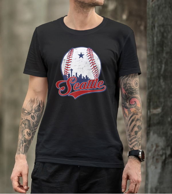 Seattle Baseball Skyline With Iconic Space Needle And Star T-Shirt