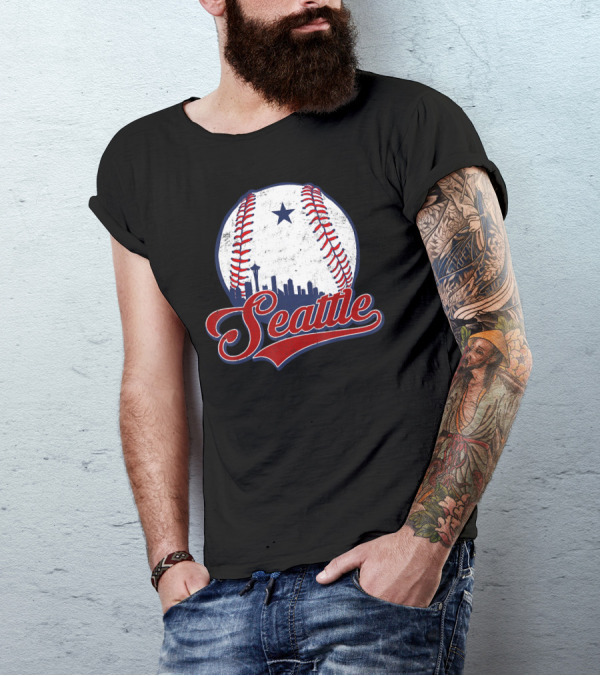 Seattle Baseball Skyline With Iconic Space Needle And Star T-Shirt