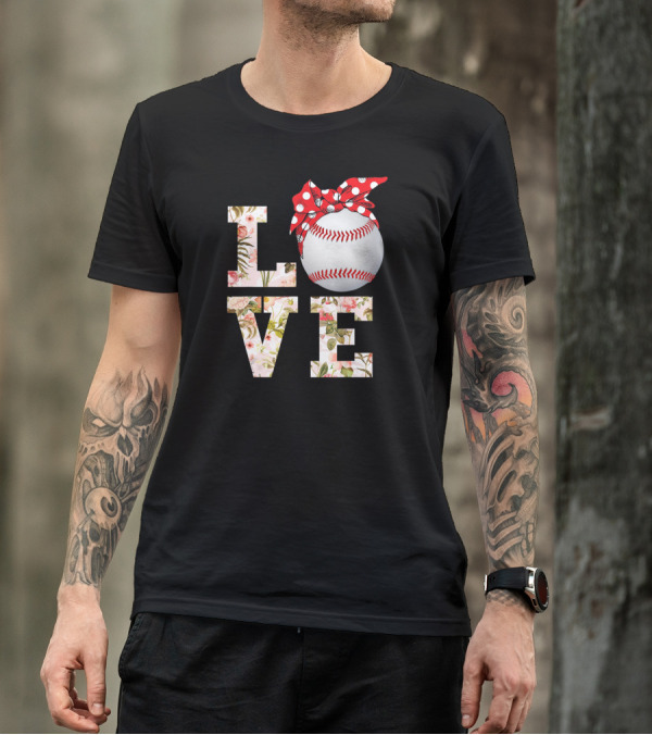 LOVE Summer Baseball Florals With Polka Dot Bow T-Shirt