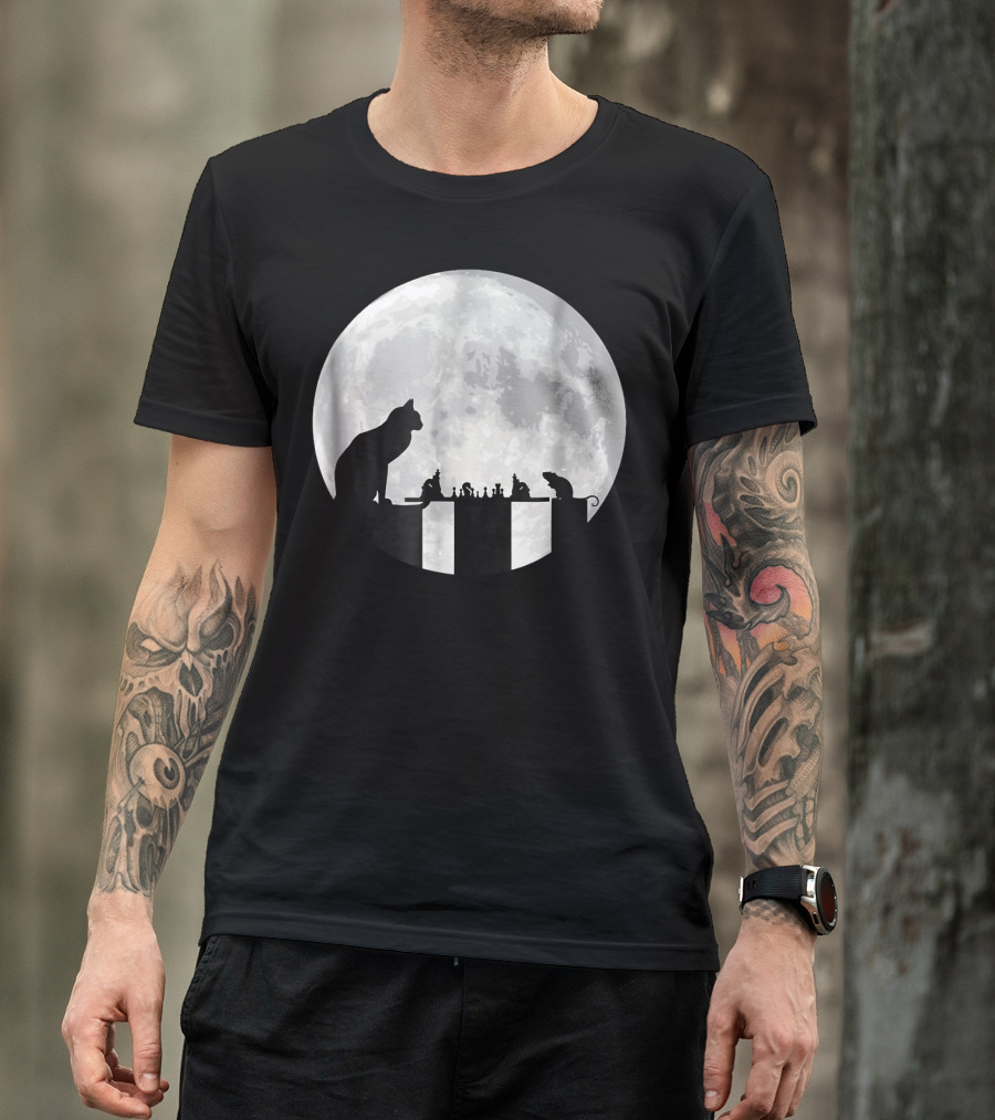 The Cat Versus The Mouse On The Chessboard In Full Moonlight T-Shirt