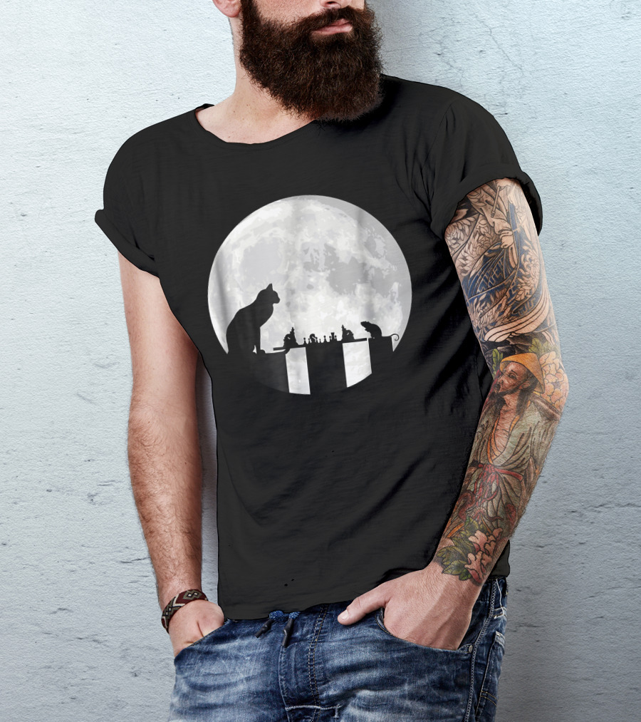 The Cat Versus The Mouse On The Chessboard In Full Moonlight T-Shirt