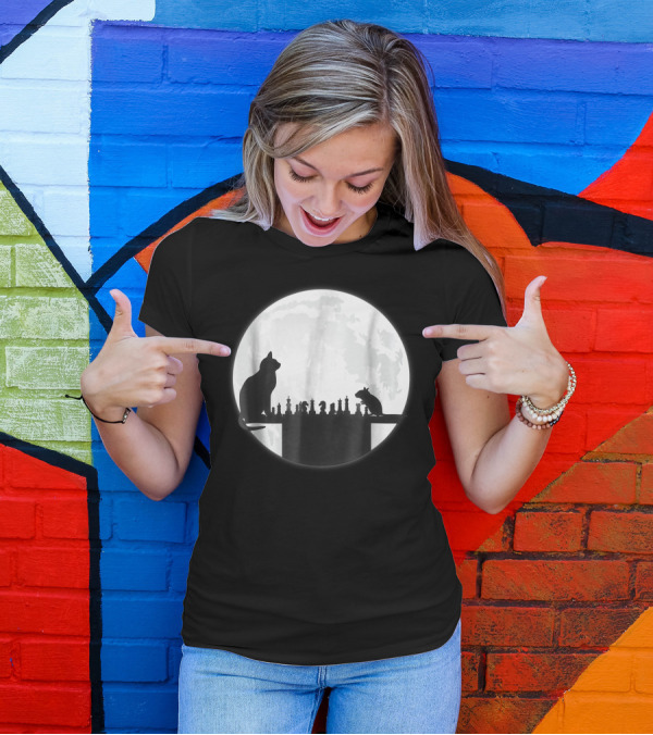 The Chess Board Showdown: Cat And Mouse Under The Moon T-Shirt