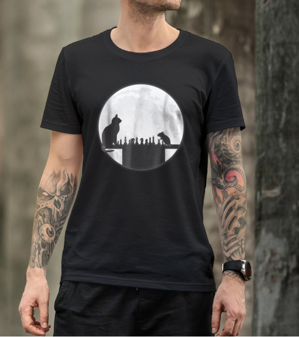 The Chess Board Showdown: Cat And Mouse Under The Moon T-Shirt