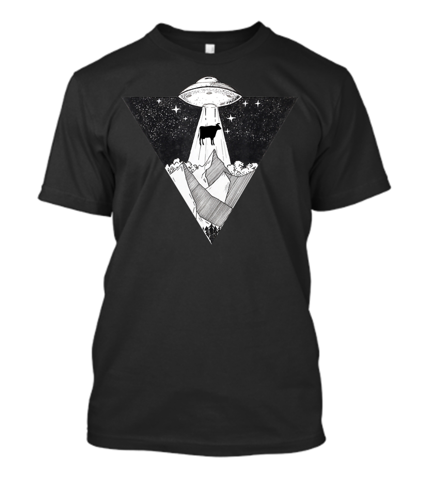 UFO Alien Spaceship Abducting Cow In Starry Night Triangle Scene T-Shirt