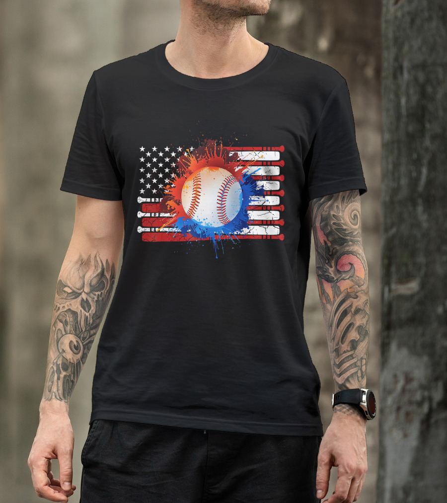 Vintage American Flag Baseball Softball Paint Splatter T-Shirt
