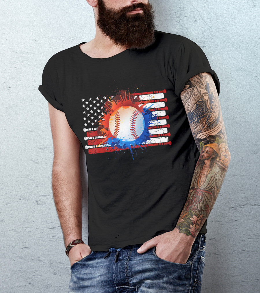 Vintage American Flag Baseball Softball Paint Splatter T-Shirt