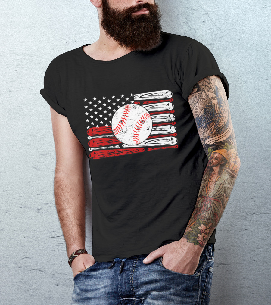 Vintage Baseball American Flag Bats And Ball T-Shirt