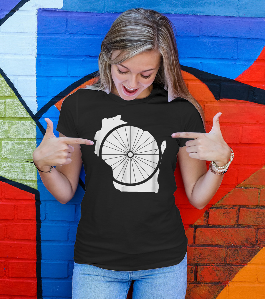 Wisconsin Bicycle WI Biking Wheel Over State Outline T-Shirt