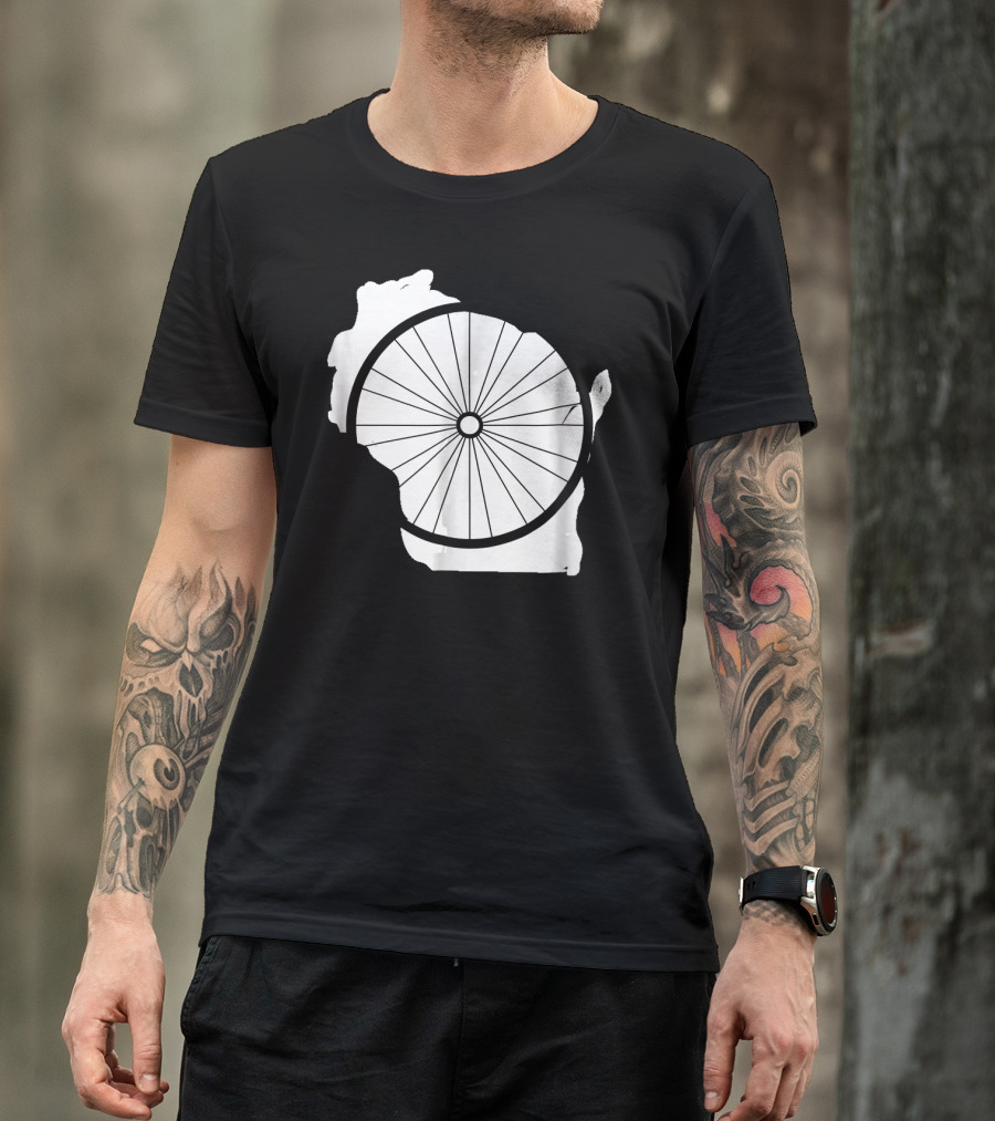 Wisconsin Bicycle WI Biking Wheel Over State Outline T-Shirt