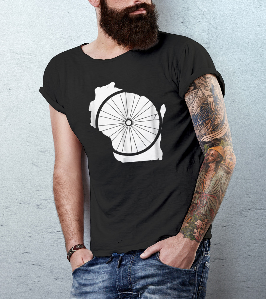 Wisconsin Bicycle WI Biking Wheel Over State Outline T-Shirt