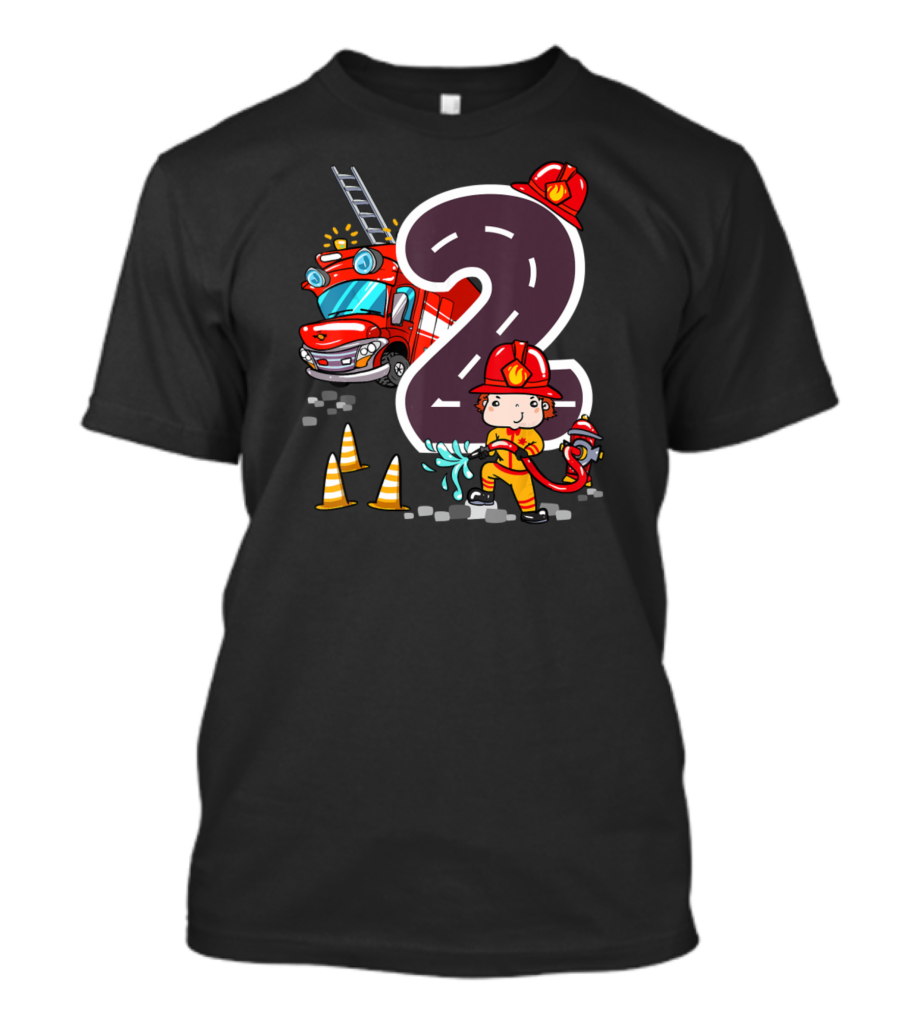 2 Year Old Birthday Firefighter With Fire Truck And Road Number Two T-Shirt