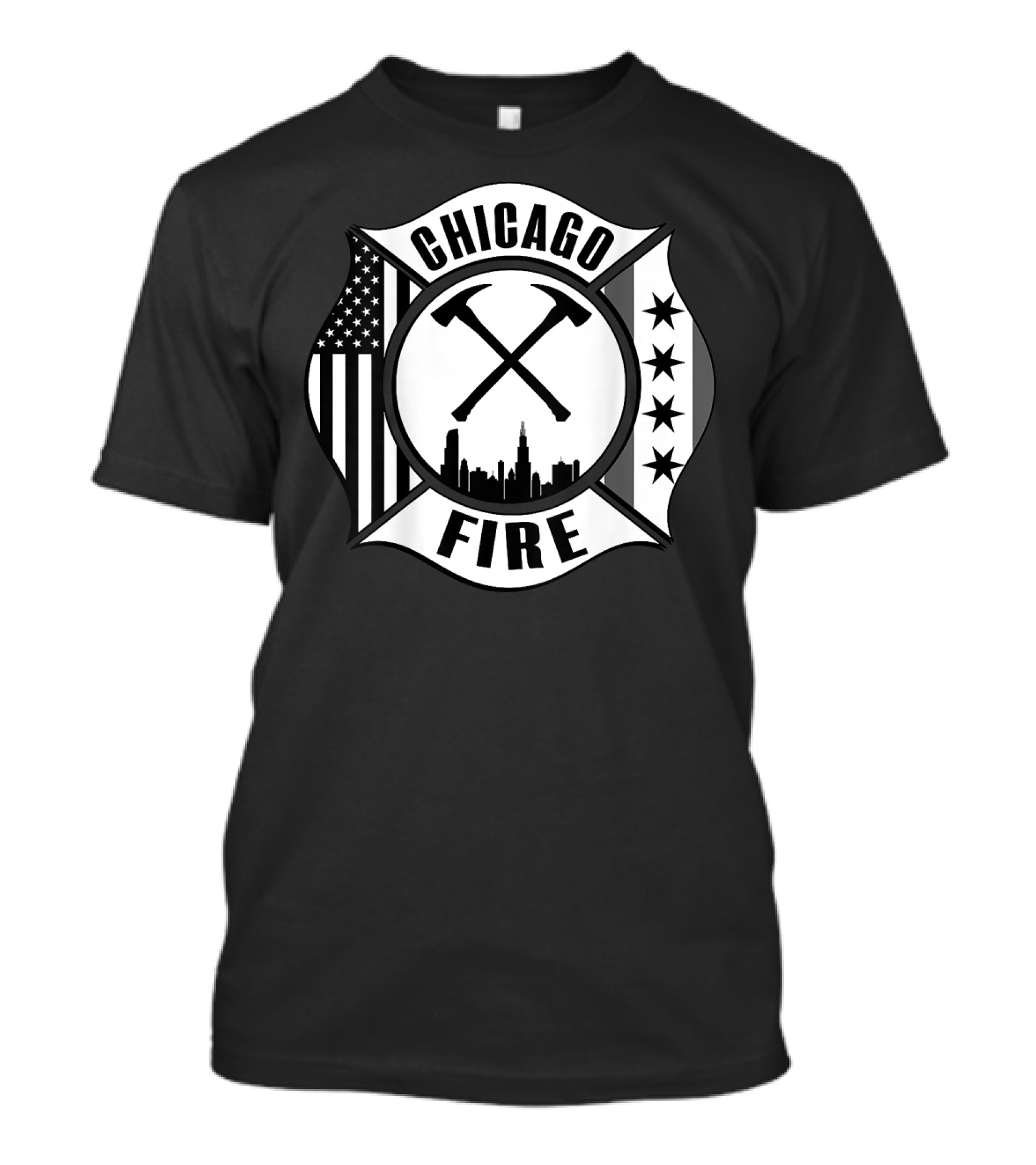 Chicago Illinois Fire Rescue Department American Flag And Stars Axe Badge T-Shirt