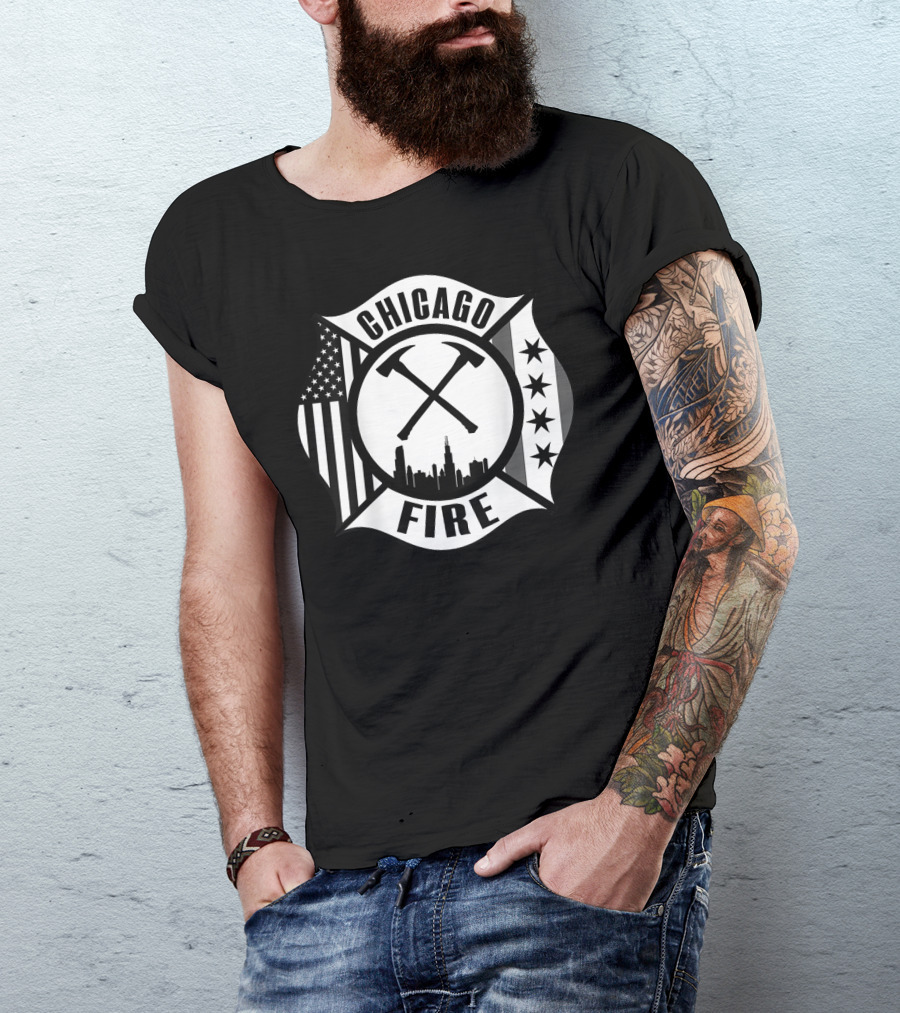 Chicago Illinois Fire Rescue Department American Flag And Stars Axe Badge T-Shirt