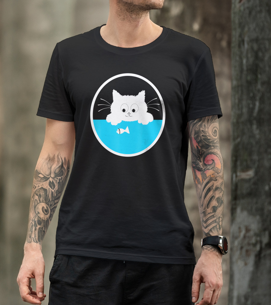 Cute Cat Staring At Fish Oval Design Birthday T-Shirt