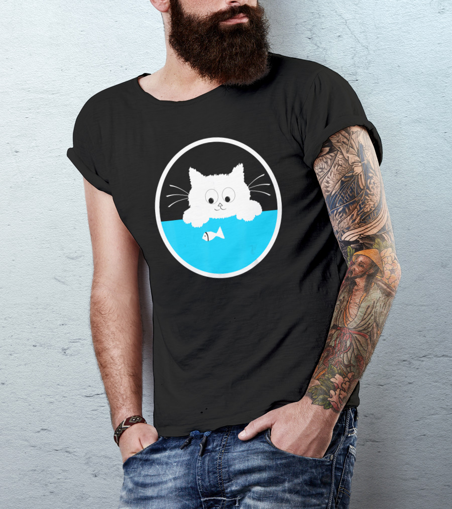 Cute Cat Staring At Fish Oval Design Birthday T-Shirt