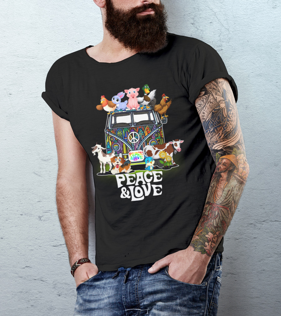PEACE AND LOVE FARMER ANIMALS VAN WITH PEACE SIGN T-Shirt