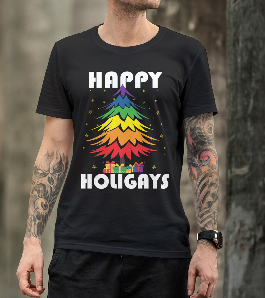 Happy Holigays Rainbow Christmas Tree And Presents T-Shirt