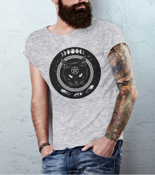 Cat Moon Magic Pentacle Phases Crystals Lunar Cycle T-Shirt