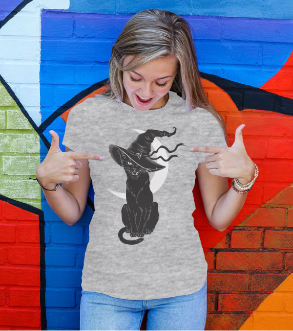 Cat Witch With Crescent Moon And Magic Hat T-Shirt