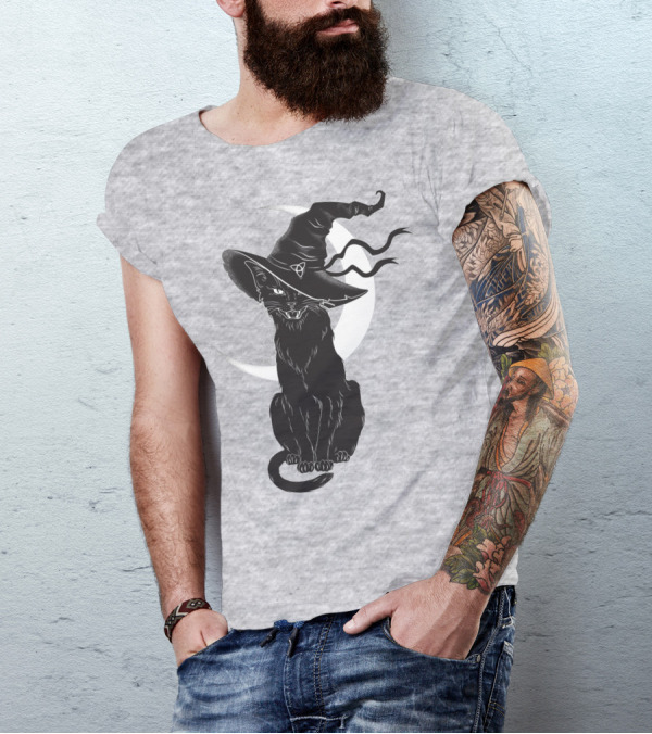Cat Witch With Crescent Moon And Magic Hat T-Shirt