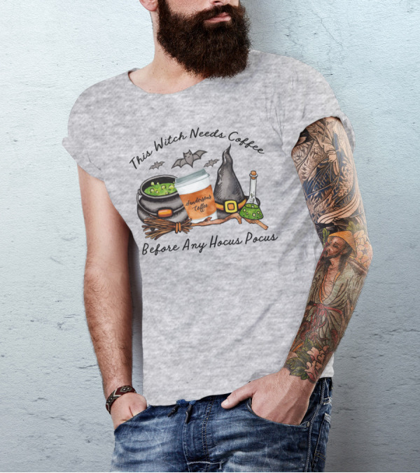 This Witch Needs Coffee By Sanderson Sisters Before Any Hocus Pocus With Cauldron And Bat T-Shirt