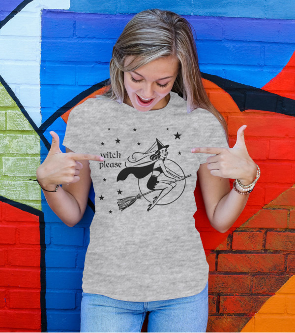 Witch Please Vintage Flying Witch Broomstick Moon Stars T-Shirt
