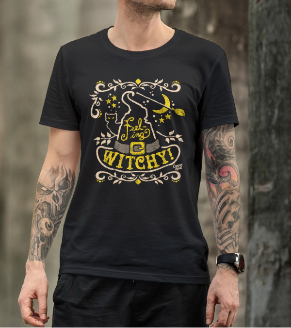 Feeling Witchy Casper Spell Moon Stars Cat Broomstick Hat T-Shirt