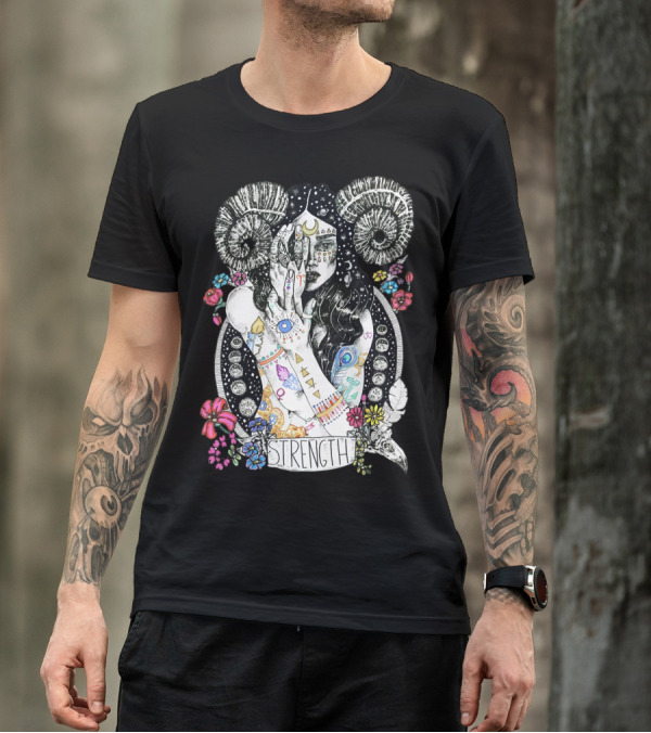 Strength Zodiac Goddess With Symbols And Flowers T-Shirt