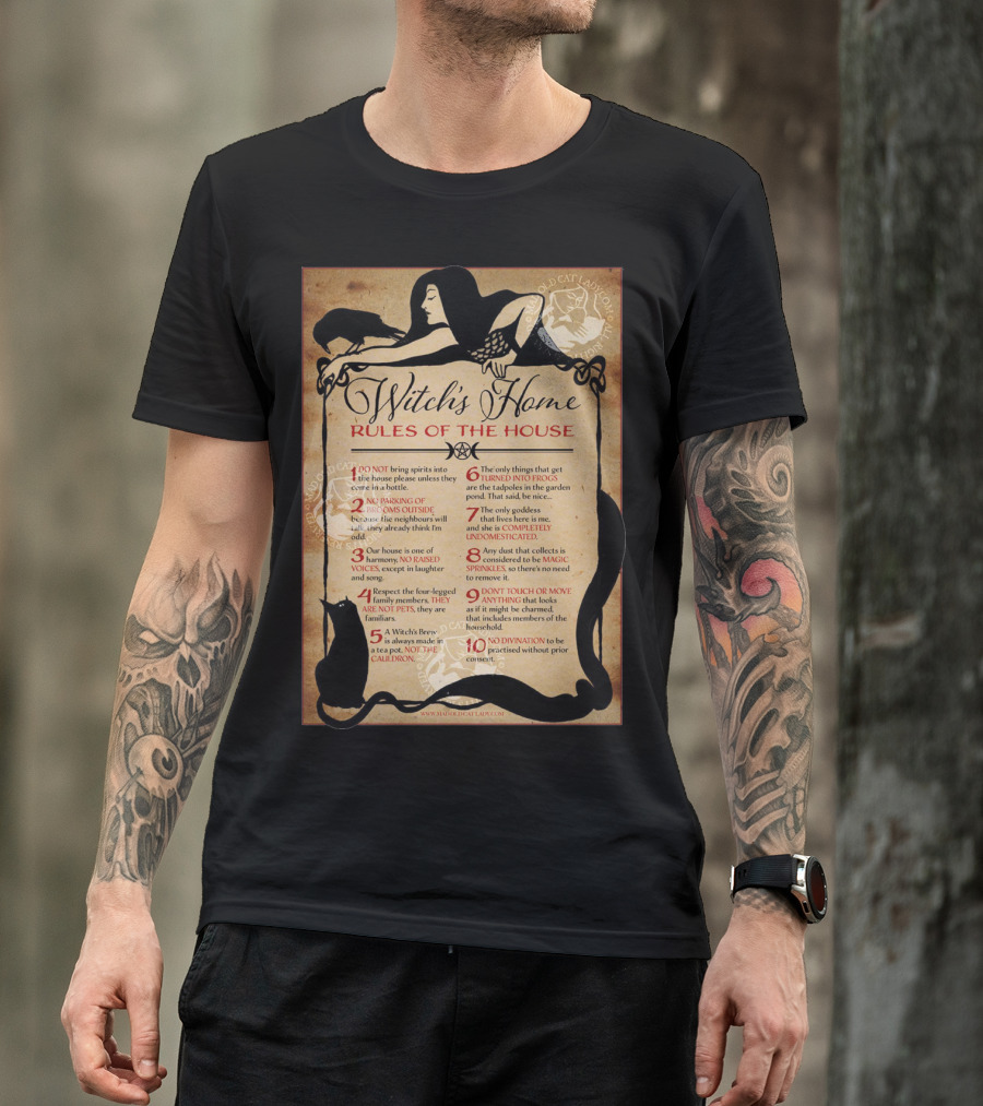 Witch's Home Rules Of The House Guide With Black Cat, Raven, Potion, Magic, And Enchanting Text Elements T-Shirt