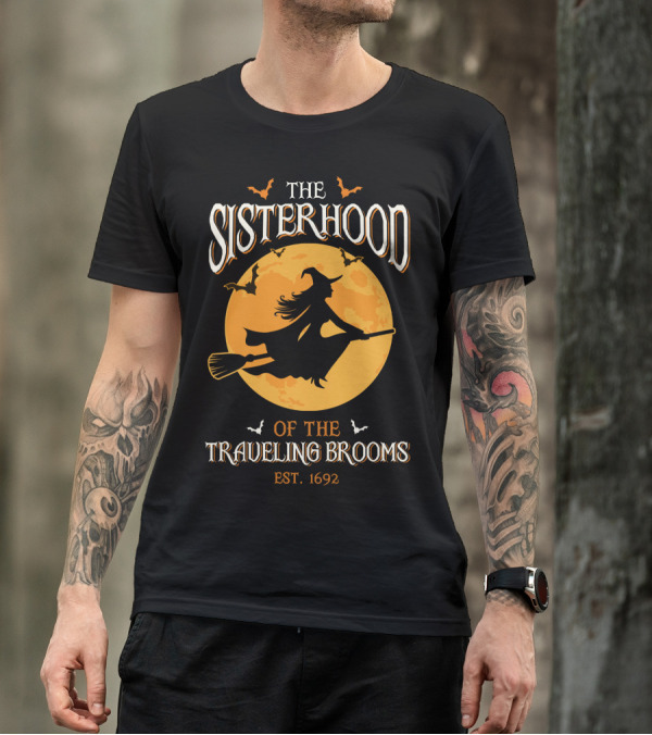The Sisterhood Of The Traveling Brooms EST 1692 Halloween Witch And Full Moon T-Shirt