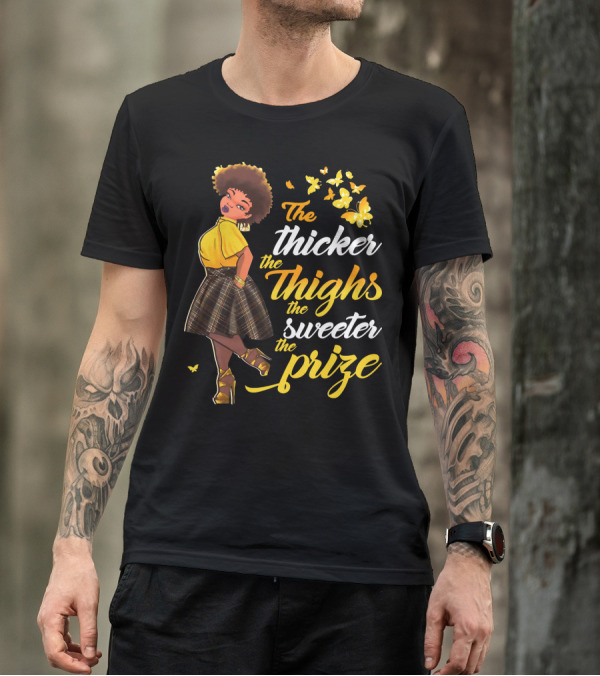 The Thicker The Thighs The Sweeter The Prize Butterfly Woman In Yellow And Plaid Skirt T-Shirt