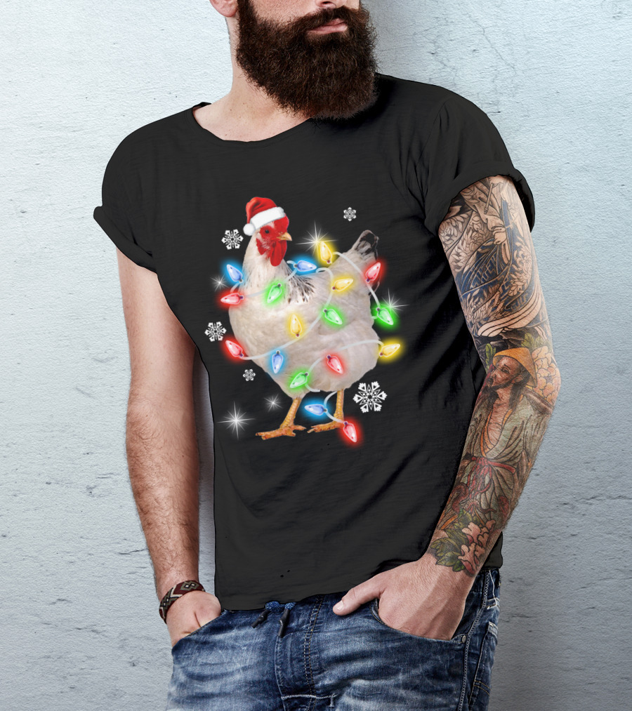 Chicken Noel Christmas Lights Santa Hat Snowflakes T-Shirt
