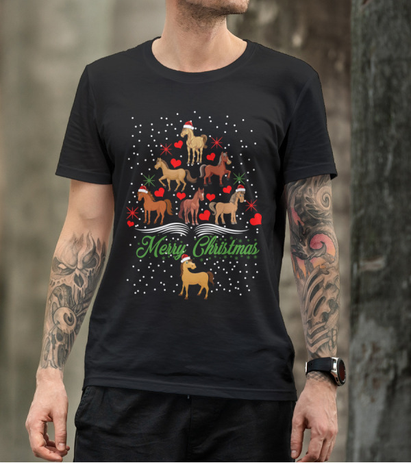 Merry Christmas Horses Santa Hats Hearts Snowflakes T-Shirt