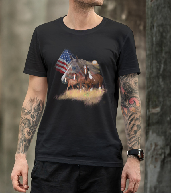American Flag Majestic Horse Trio T-Shirt