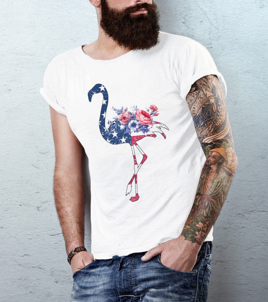 Flamingo American Flag Stars And Stripes With Floral T-Shirt