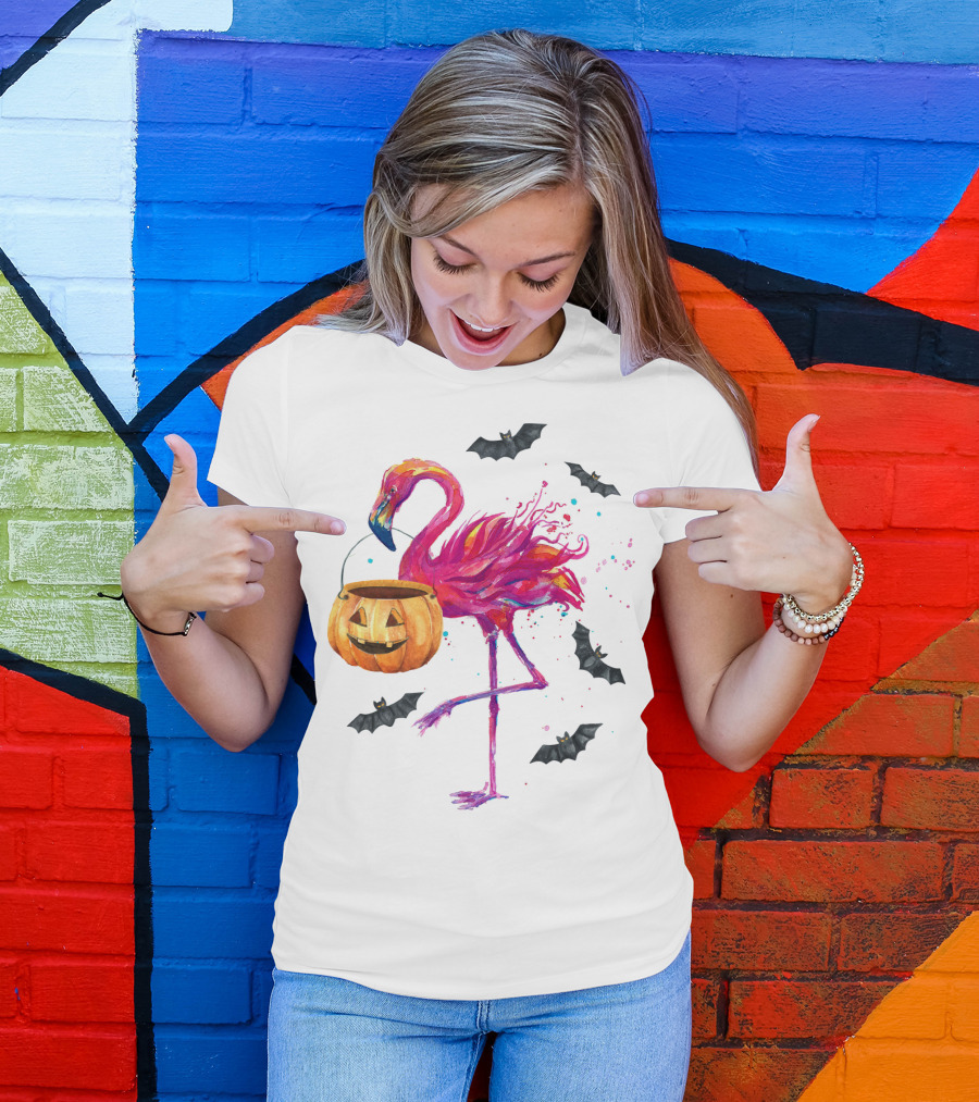 Flamingo With Halloween Pumpkin And Flying Bats T-Shirt