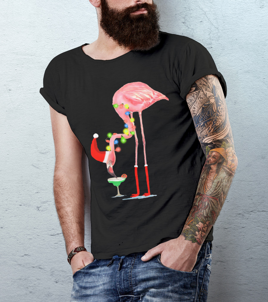 Flamingo Christmas Cocktail Santa Hat And Lights T-Shirt