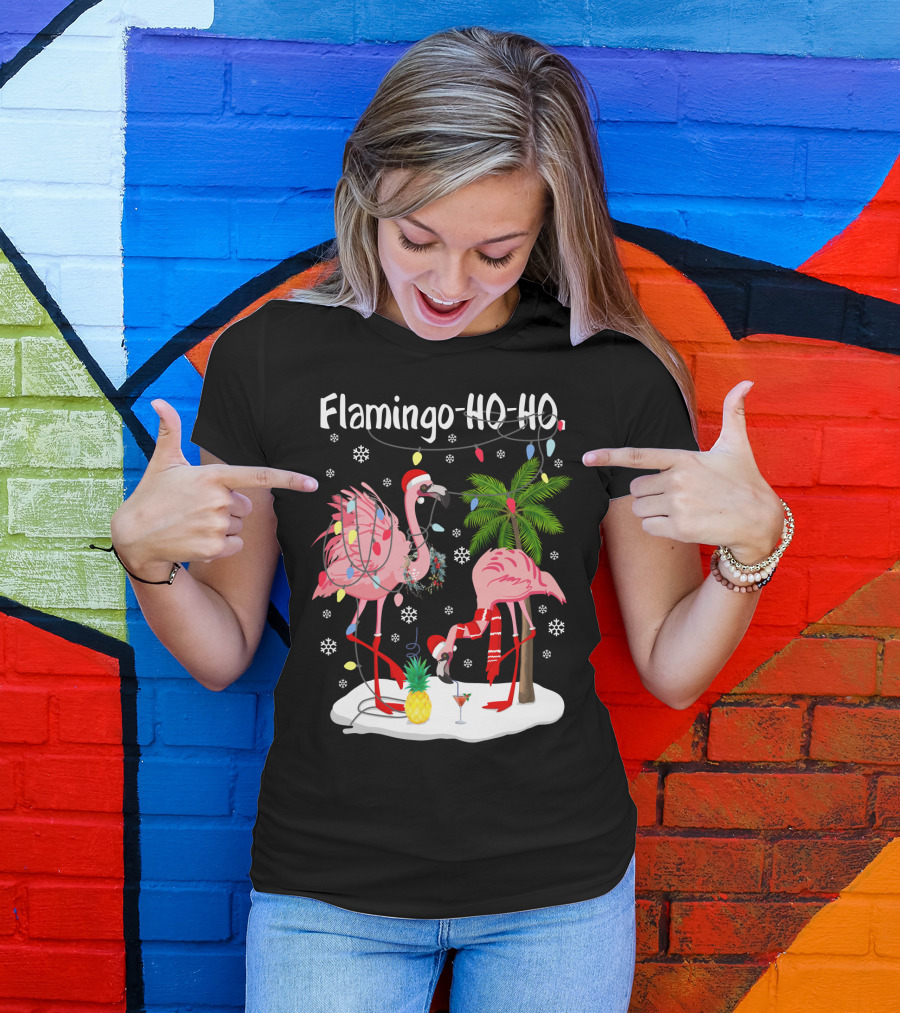 Flamingo HO-HO Christmas Lights And Snowflakes Holiday Scene T-Shirt