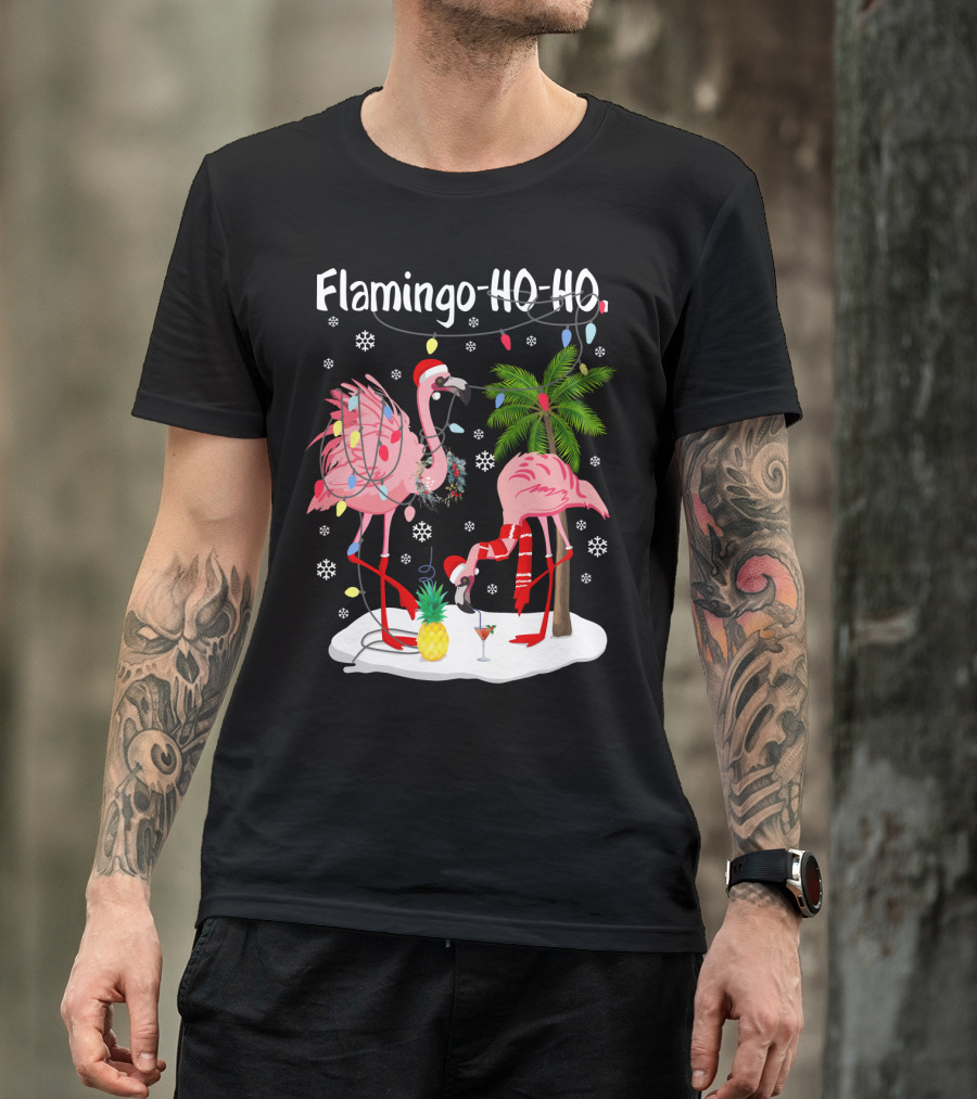 Flamingo HO-HO Christmas Lights And Snowflakes Holiday Scene T-Shirt