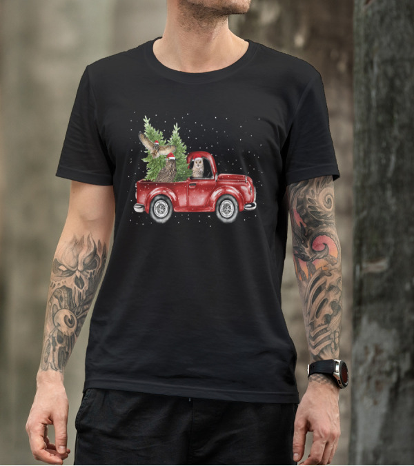Owl Christmas Red Truck With Santa Hats And Tree T-Shirt