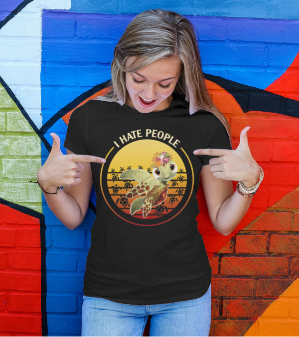 I Hate People Flower Turtle Retro Sunset T-Shirt