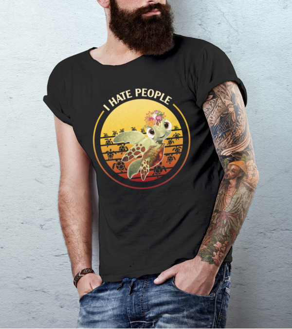 I Hate People Flower Turtle Retro Sunset T-Shirt