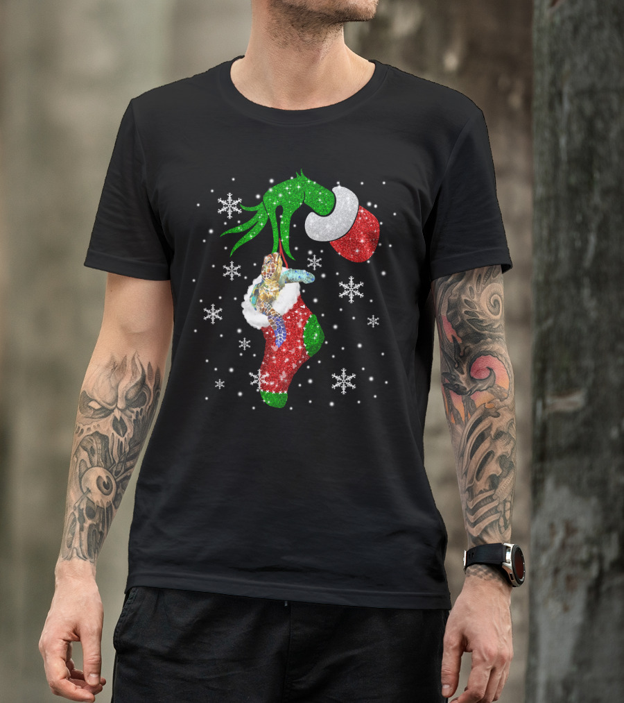 Grinch Christmas Turtle In Glittery Stocking With Snowflakes T-Shirt