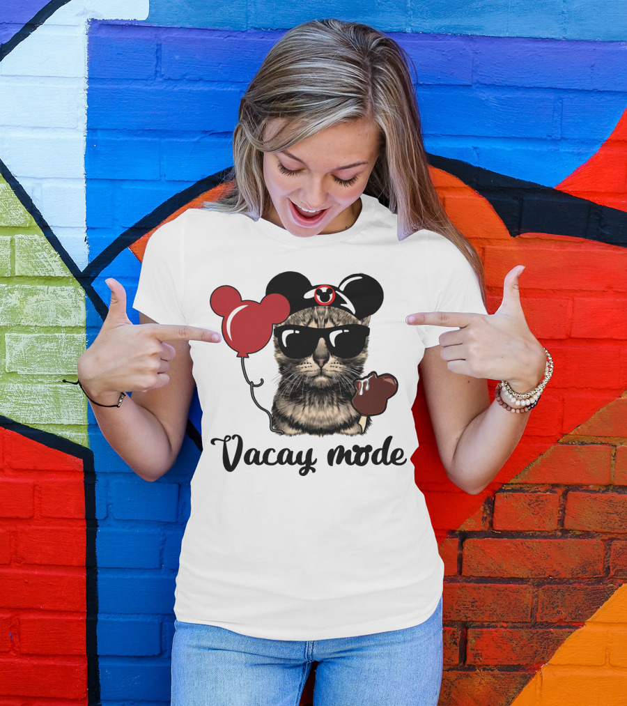 Vacay Mode Cat With Mouse Ears, Balloon, Sunglasses, Chocolate For Fans T-Shirt